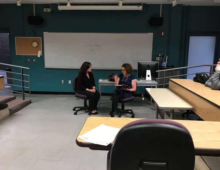 Portrait (head to toe): Dr. Christine Eschenfelder, journalism professor at MTSU, and Tracey Rogers, general manager of WKRN-TV, hold an open class discussion about women with leadership roles in media on April 3, 2018. (MTSU Sidelines/Taylor Riley)